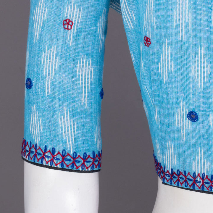 Blue Mirror Work Pochampally Ikat Cotton Blouse 10073396