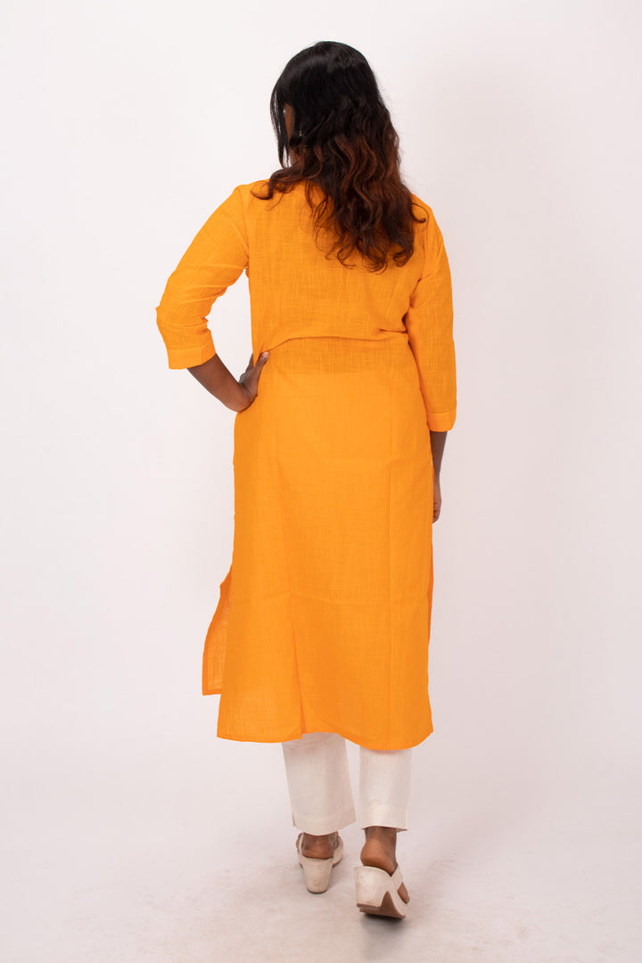 Yellow Handcrafted Slub Cotton Kurta 10073252