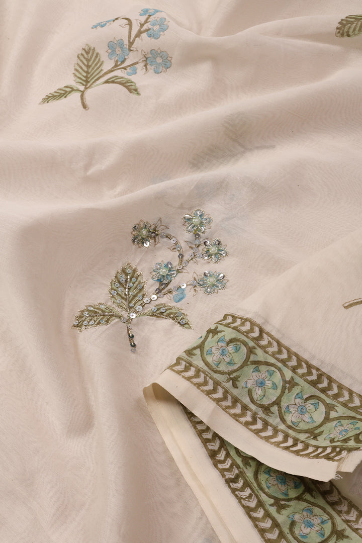 White Hand Embroidered Silk Cotton 3 Piece Salwar Suit Material 10072938