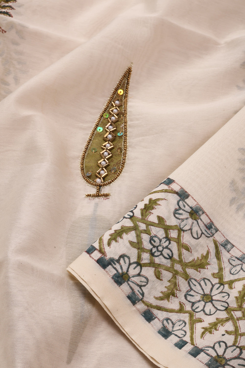 White Sequin Embroidered Silk Cotton 3 Piece Salwar Suit Material 10072939