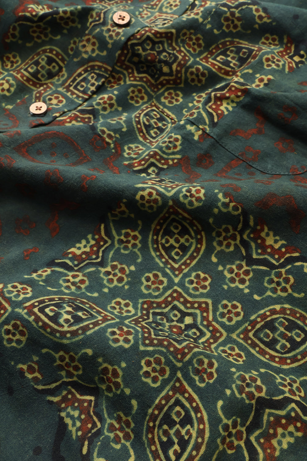 Green Half Sleeve Ajrakh Printed Cotton Mens Shirt 10073054