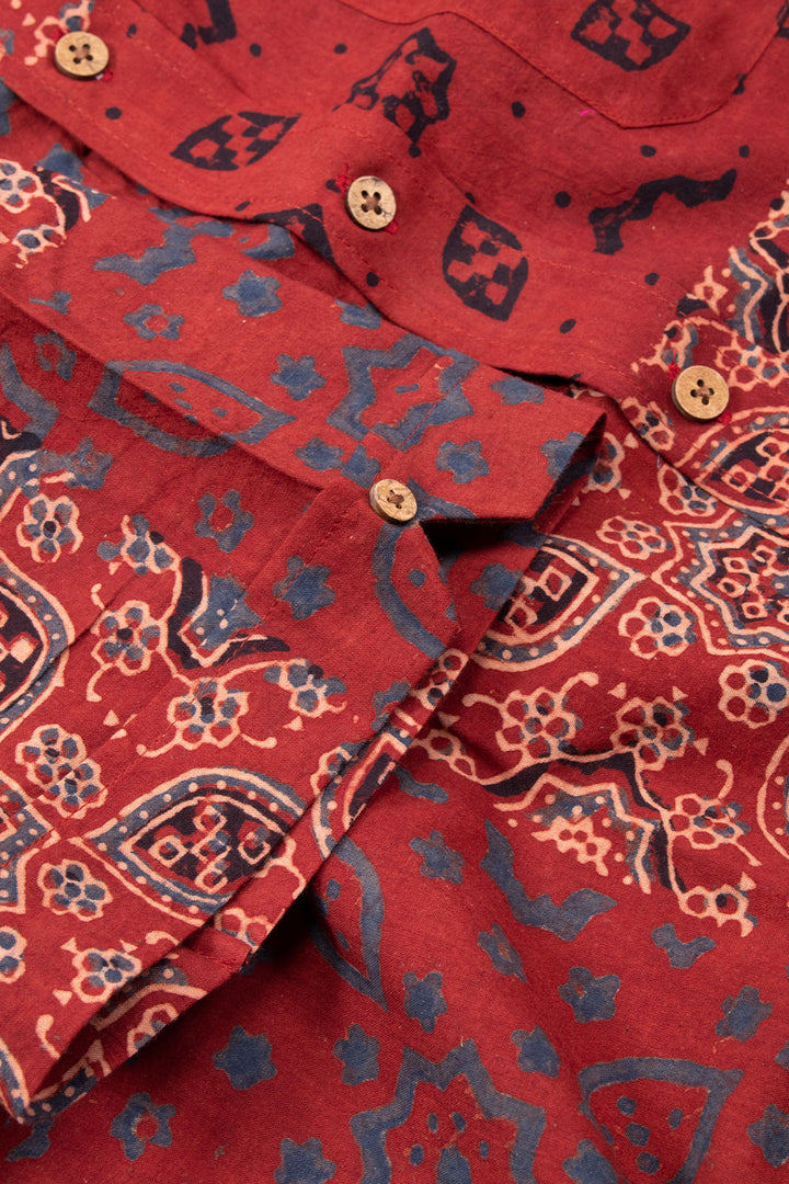 Red Half Sleeve Ajrakh Printed Cotton Mens Shirt 10073063