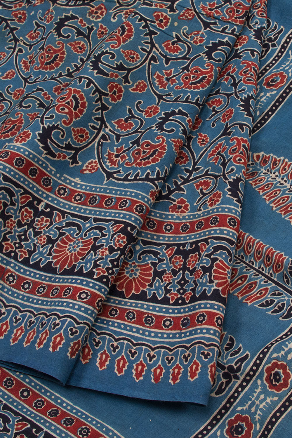 River Bed Blue Ajrakh Printed Handspun Cotton Saree 10062885