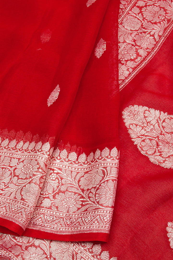 Venetian Red Handloom Khaddi Banarasi Chiffon Saree 10062979