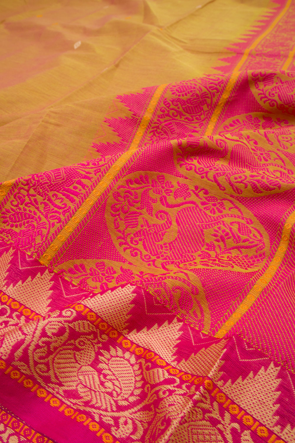 Peachish Yellow Handwoven Kanchi Cotton Saree 10063469