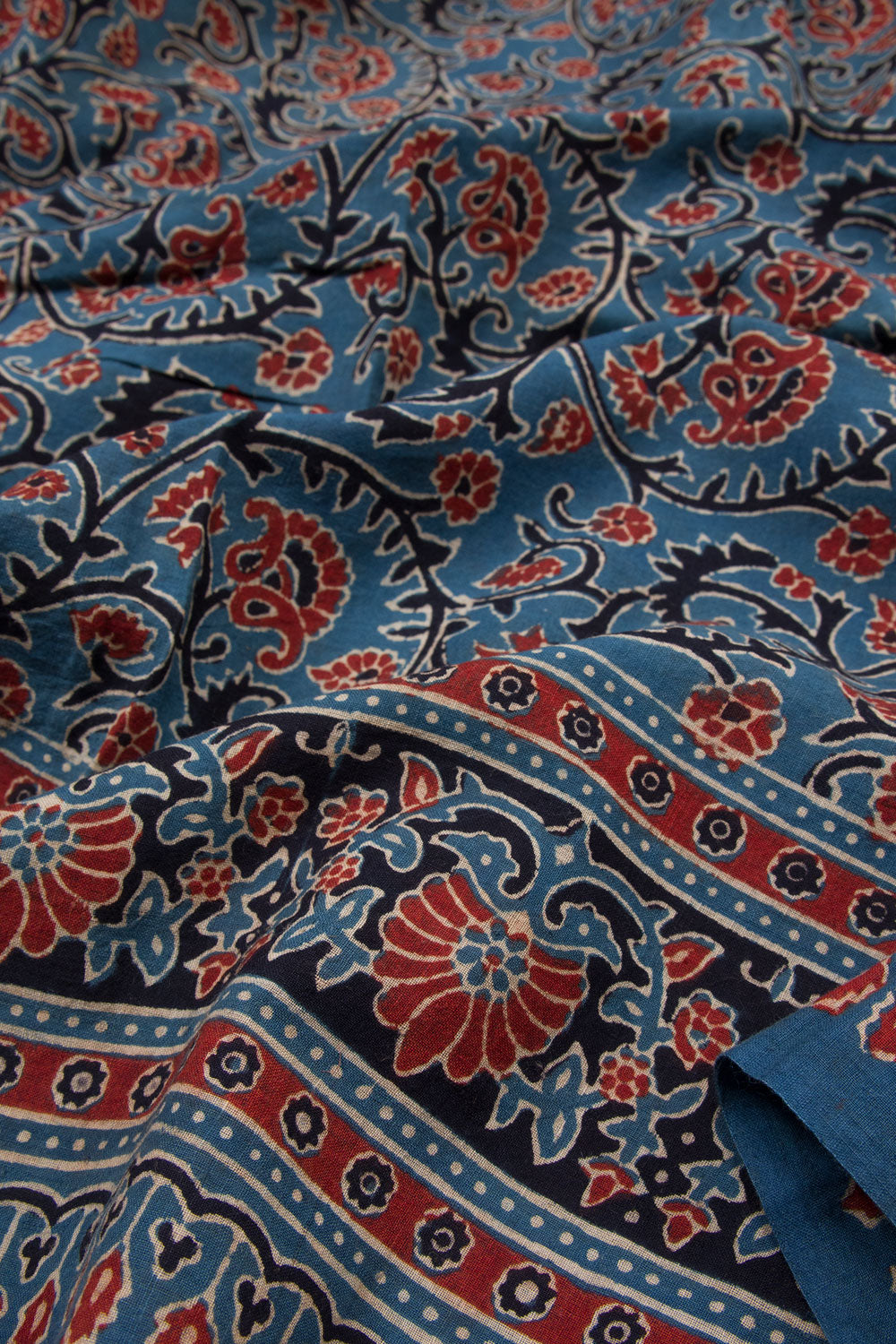 River Bed Blue Ajrakh Printed Handspun Cotton Saree 10062885