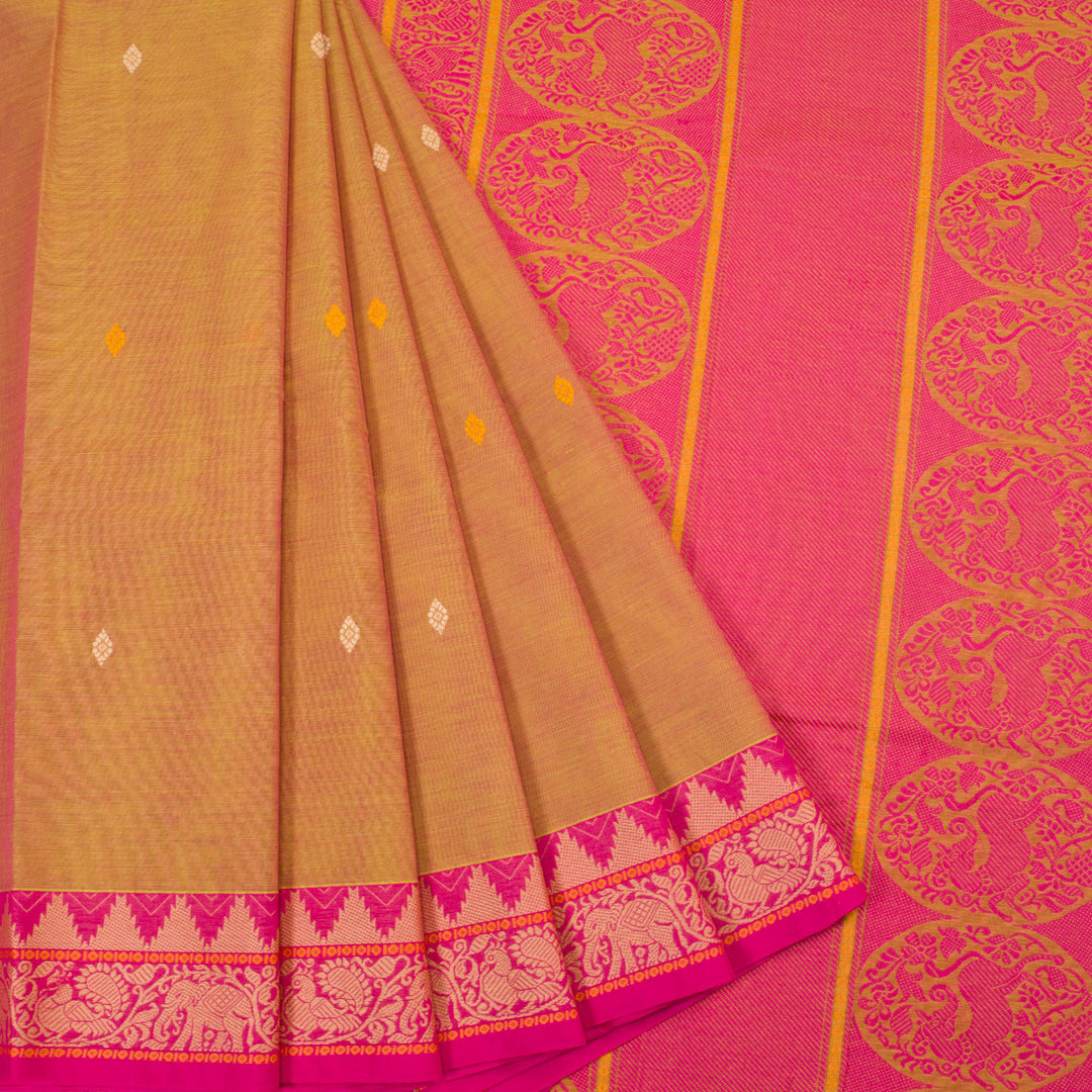 Peachish Yellow Handwoven Kanchi Cotton Saree 10063469