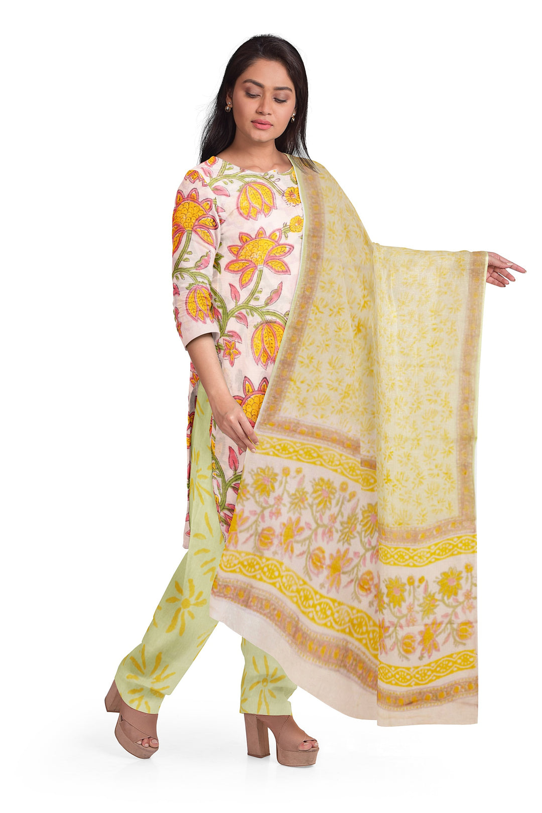 White 3-Piece Mulmul Cotton Salwar Suit Material With Kota Dupatta 10070102