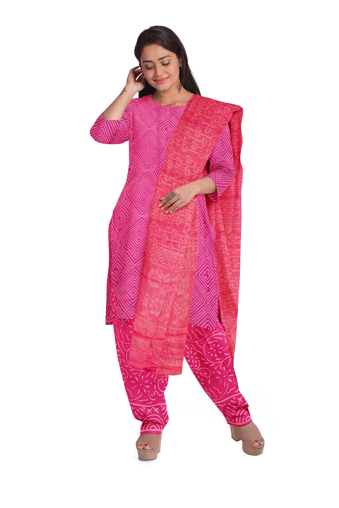 Pink 3-Piece Mulmul Cotton Salwar Suit Material With Kota Dupatta 10070105