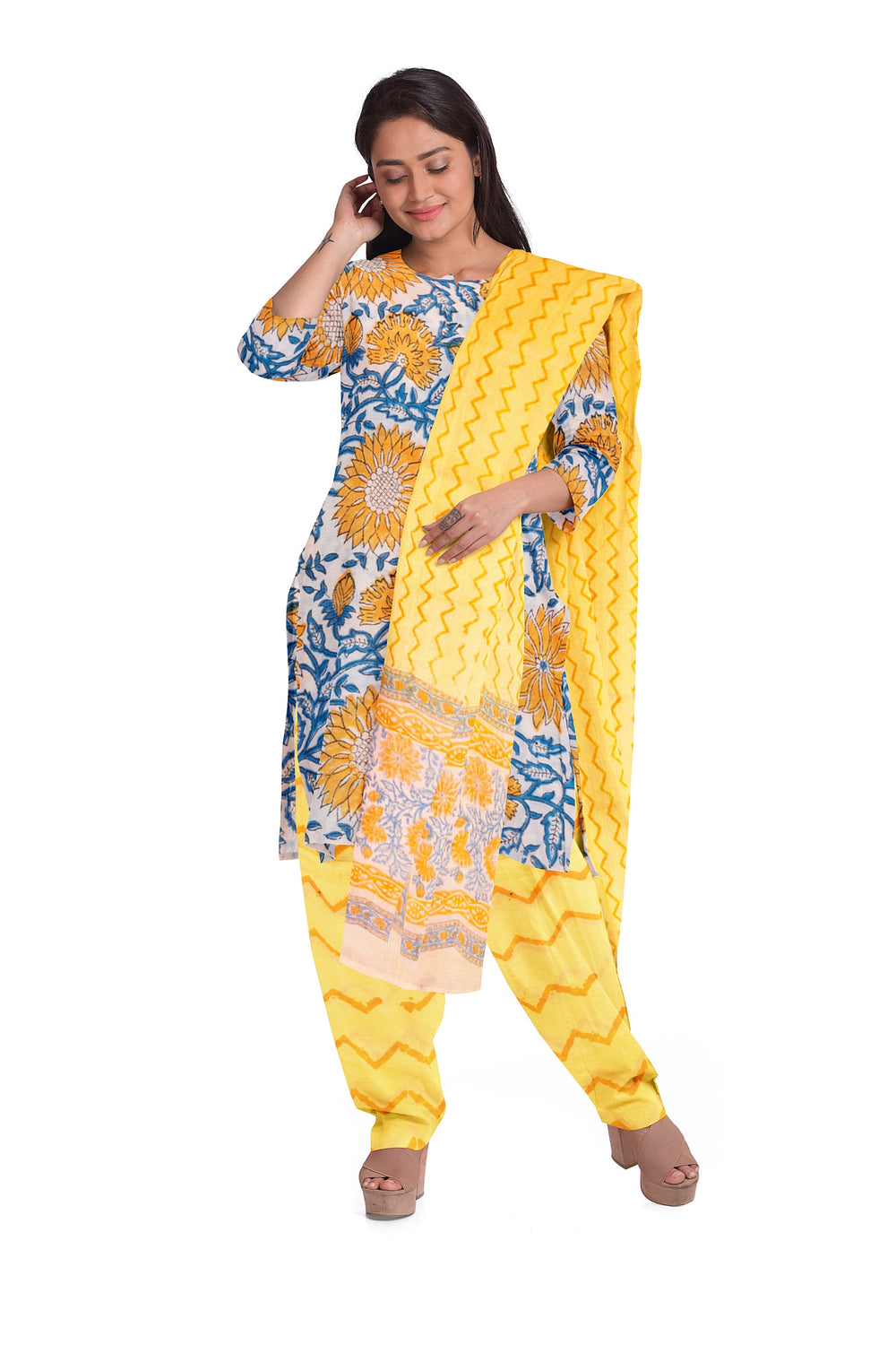 Blue 3-Piece Mulmul Cotton Salwar Suit Material With Kota Dupatta 10070112