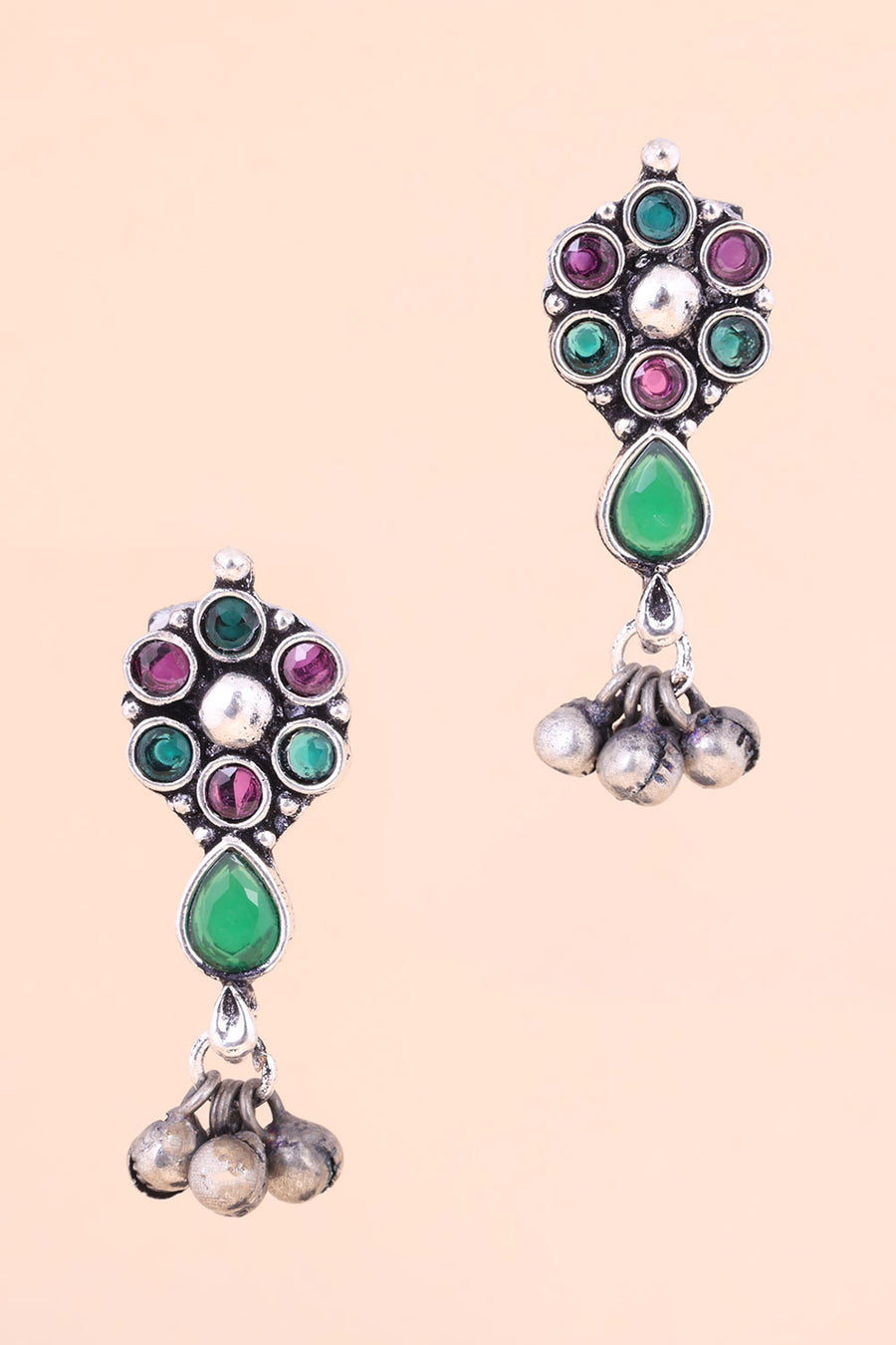 Multi Stone Oxidised Earring With Ghungroo