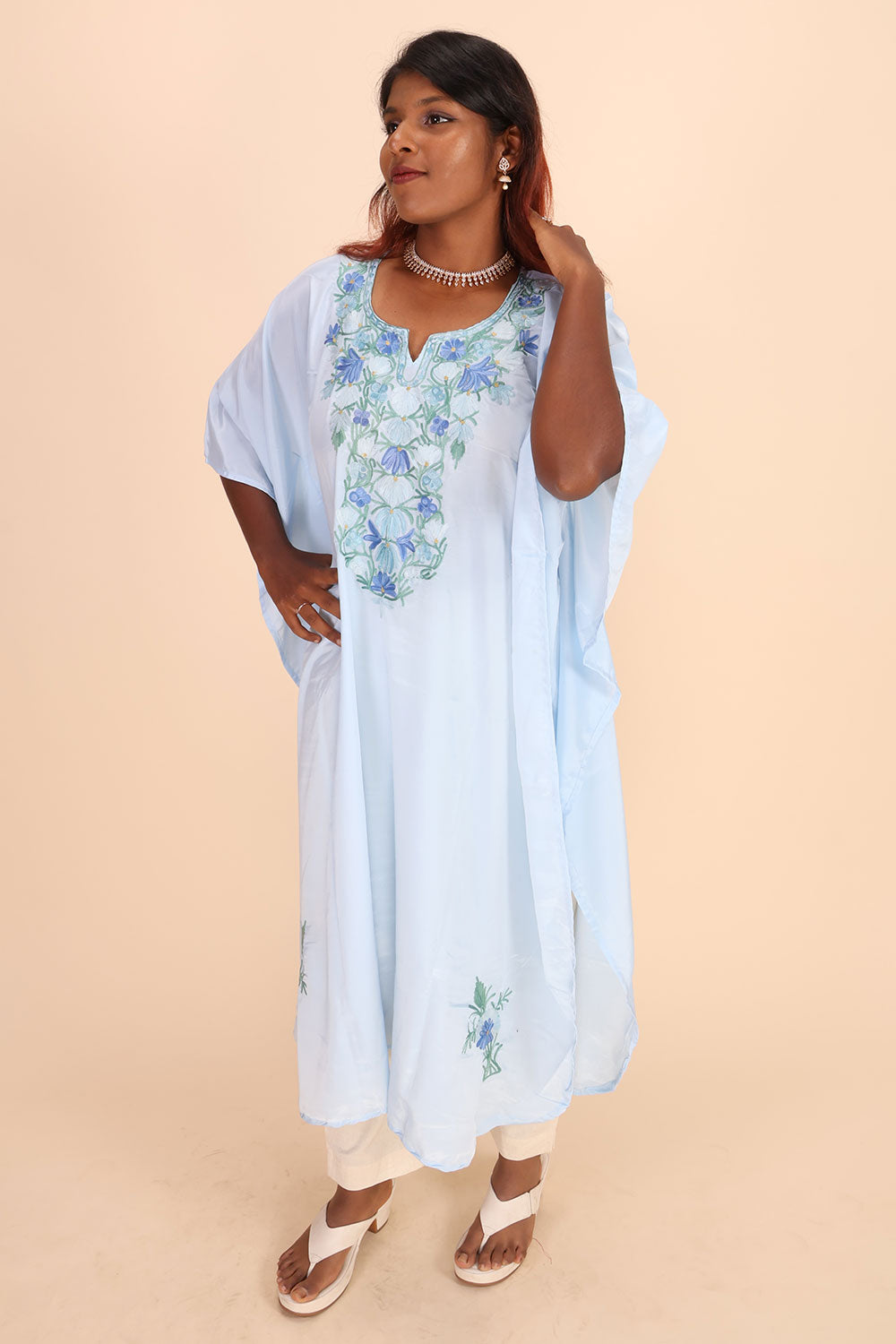 Blue Sozni Embroidered Crepe Silk Kaftan