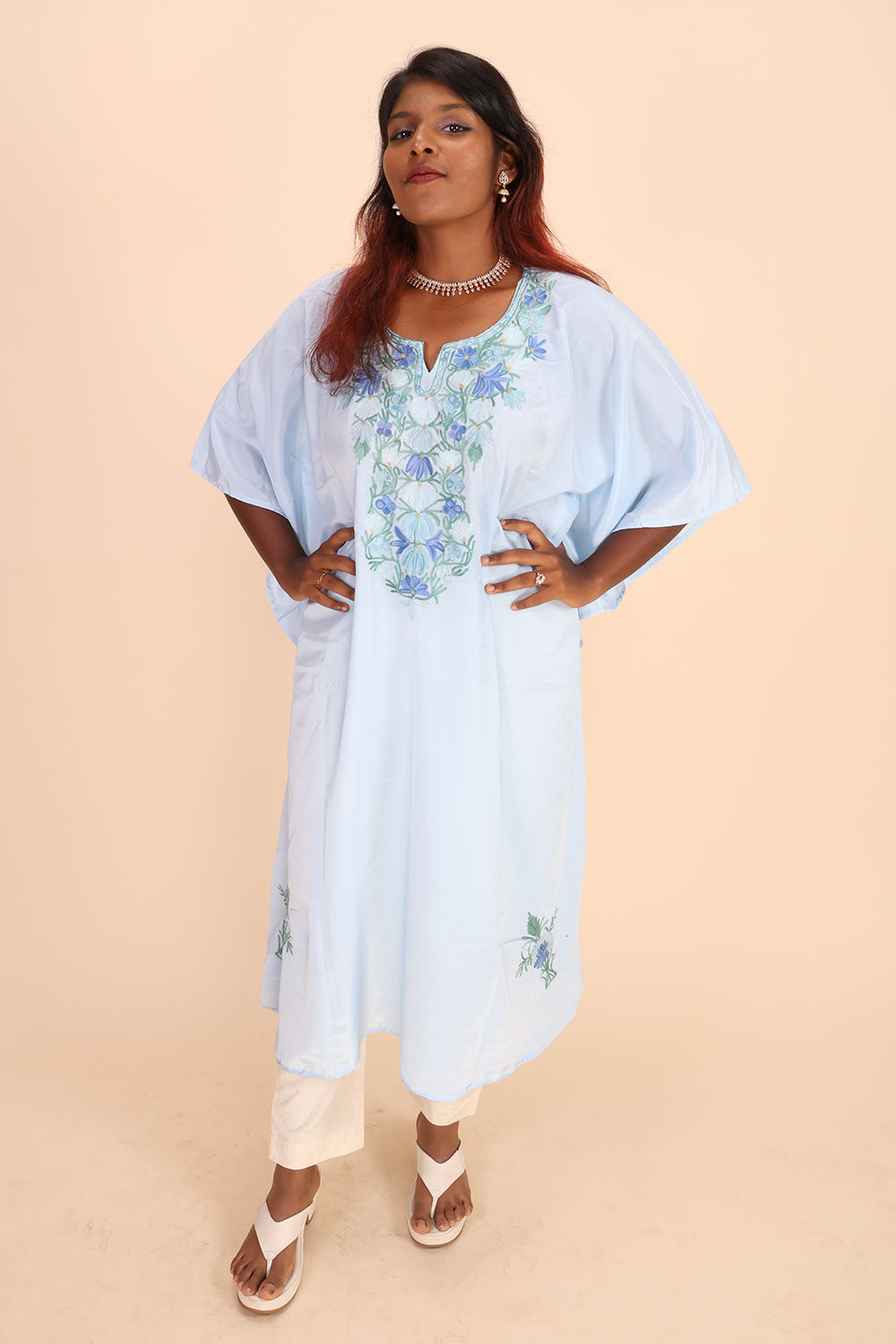 Blue Sozni Embroidered Crepe Silk Kaftan