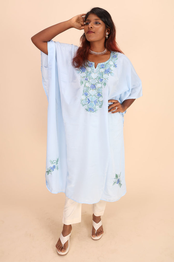 Blue Sozni Embroidered Crepe Silk Kaftan