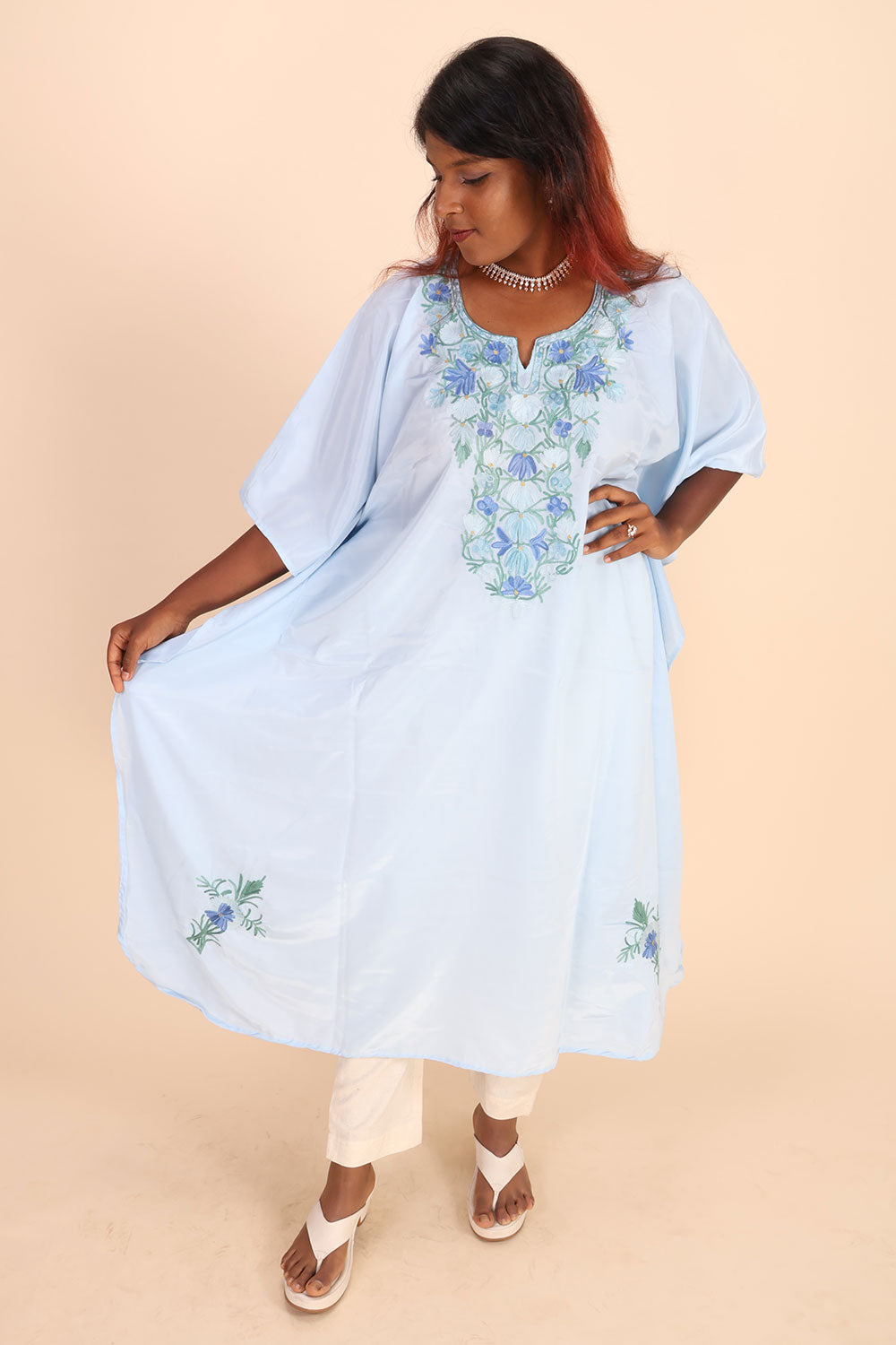 Blue Sozni Embroidered Crepe Silk Kaftan