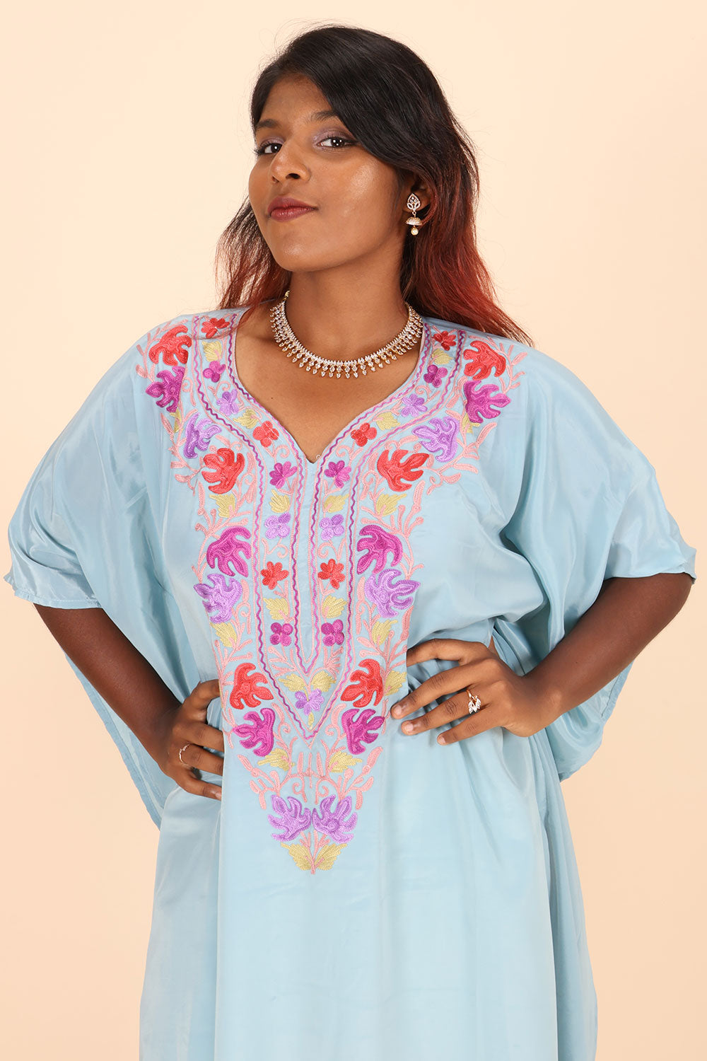 Blue Sozni Embroidered Crepe Silk Kaftan 