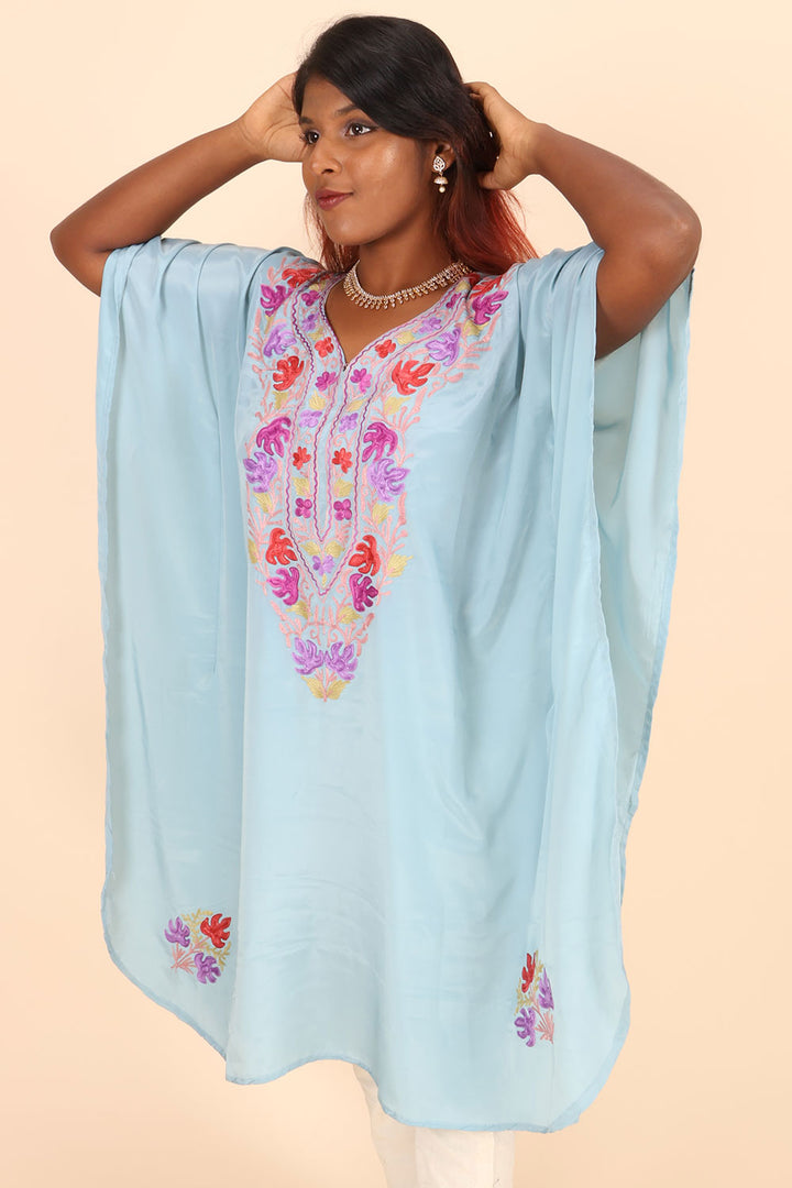 Blue Sozni Embroidered Crepe Silk Kaftan 