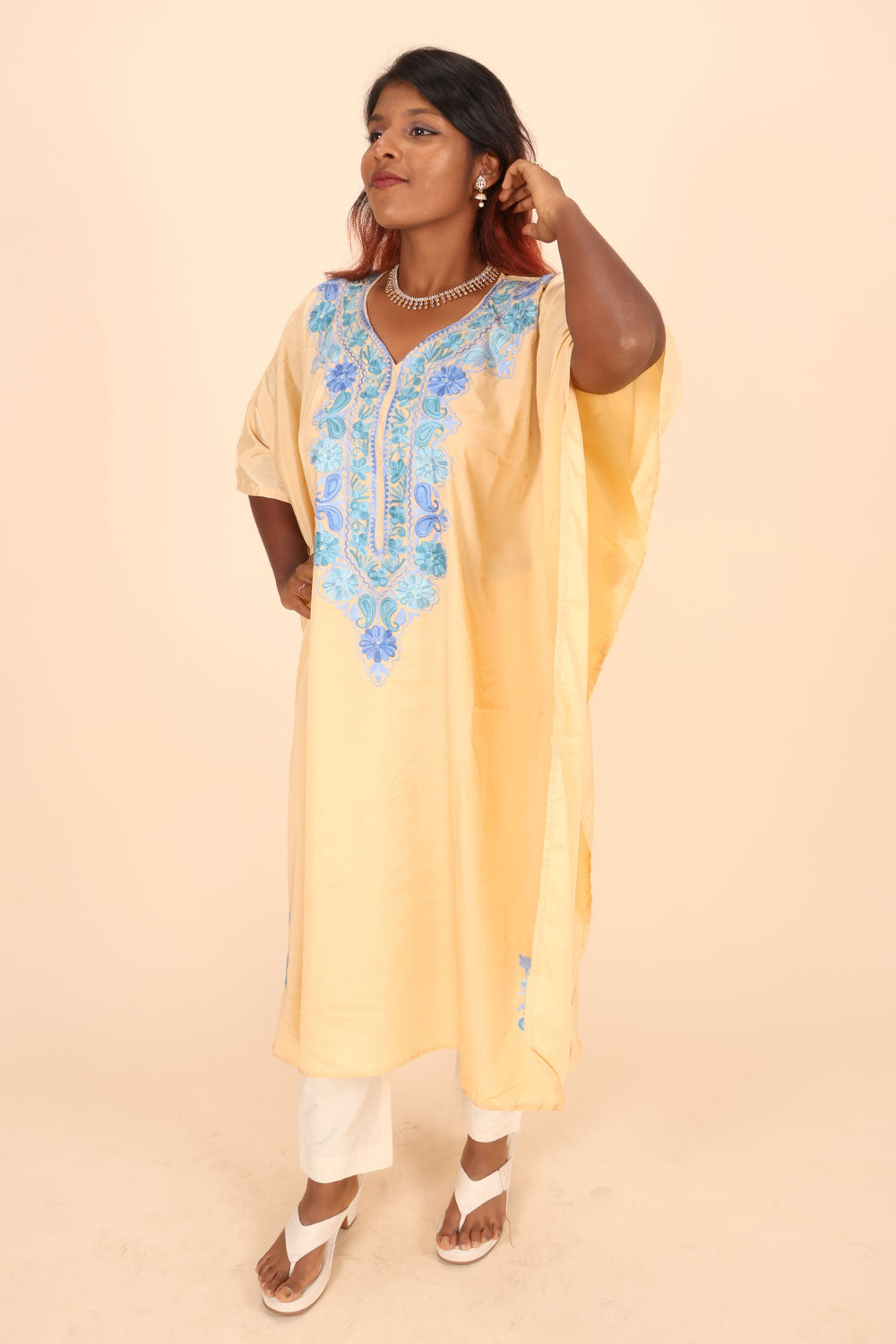 Beige Sozni Embroidered Crepe Silk Kaftan