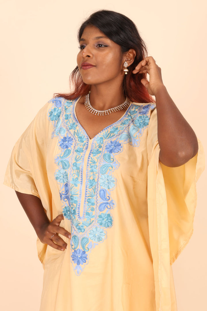 Beige Sozni Embroidered Crepe Silk Kaftan