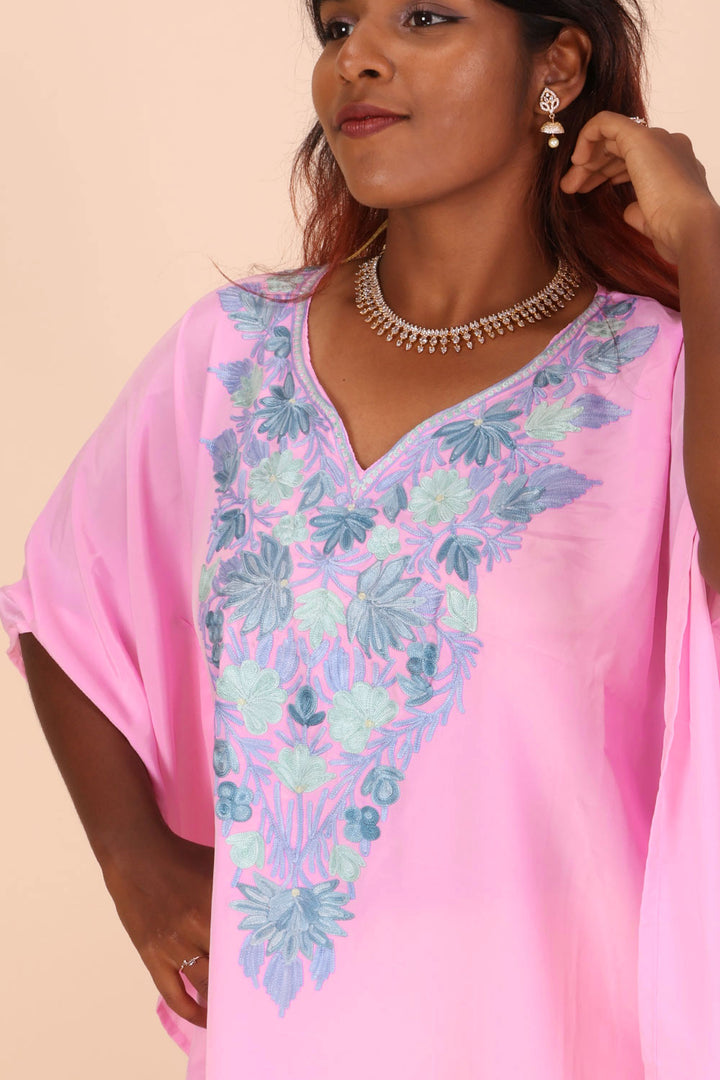 Pink Sozni Embroidered Crepe Silk Kaftan