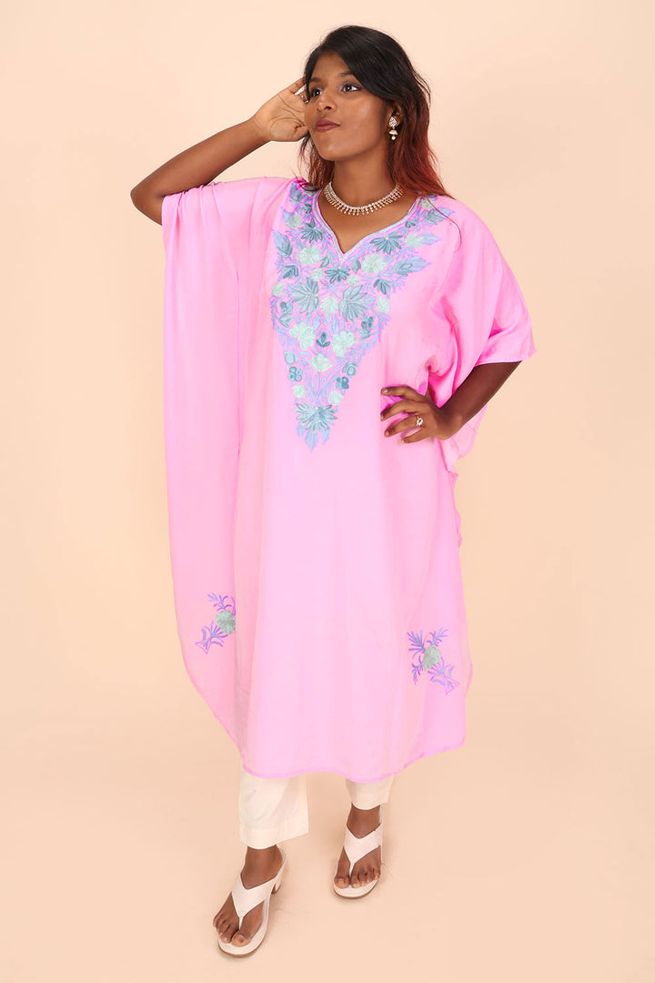 Pink Sozni Embroidered Crepe Silk Kaftan