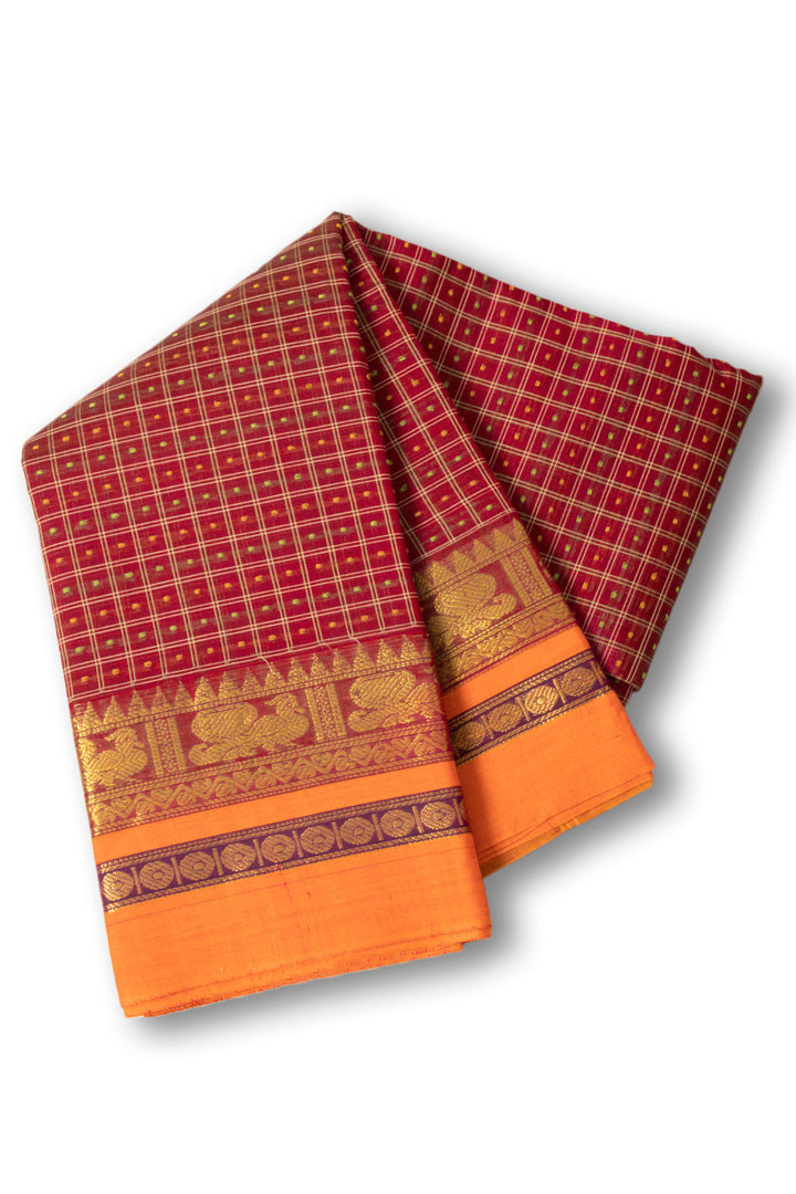 Brick Red Thousand Buttas Chettinad Cotton Saree 10073617