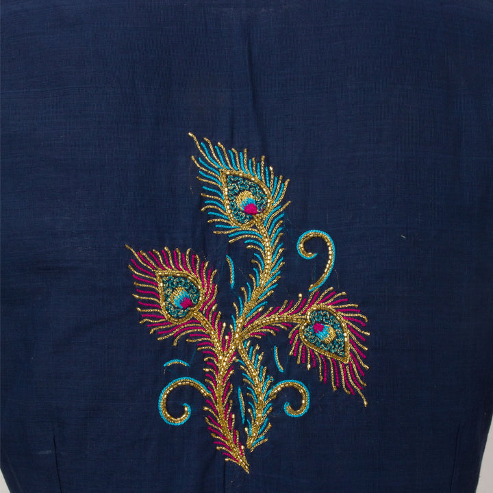 Blue Hand Embroidered Silk Cotton Blouse c- Avishya