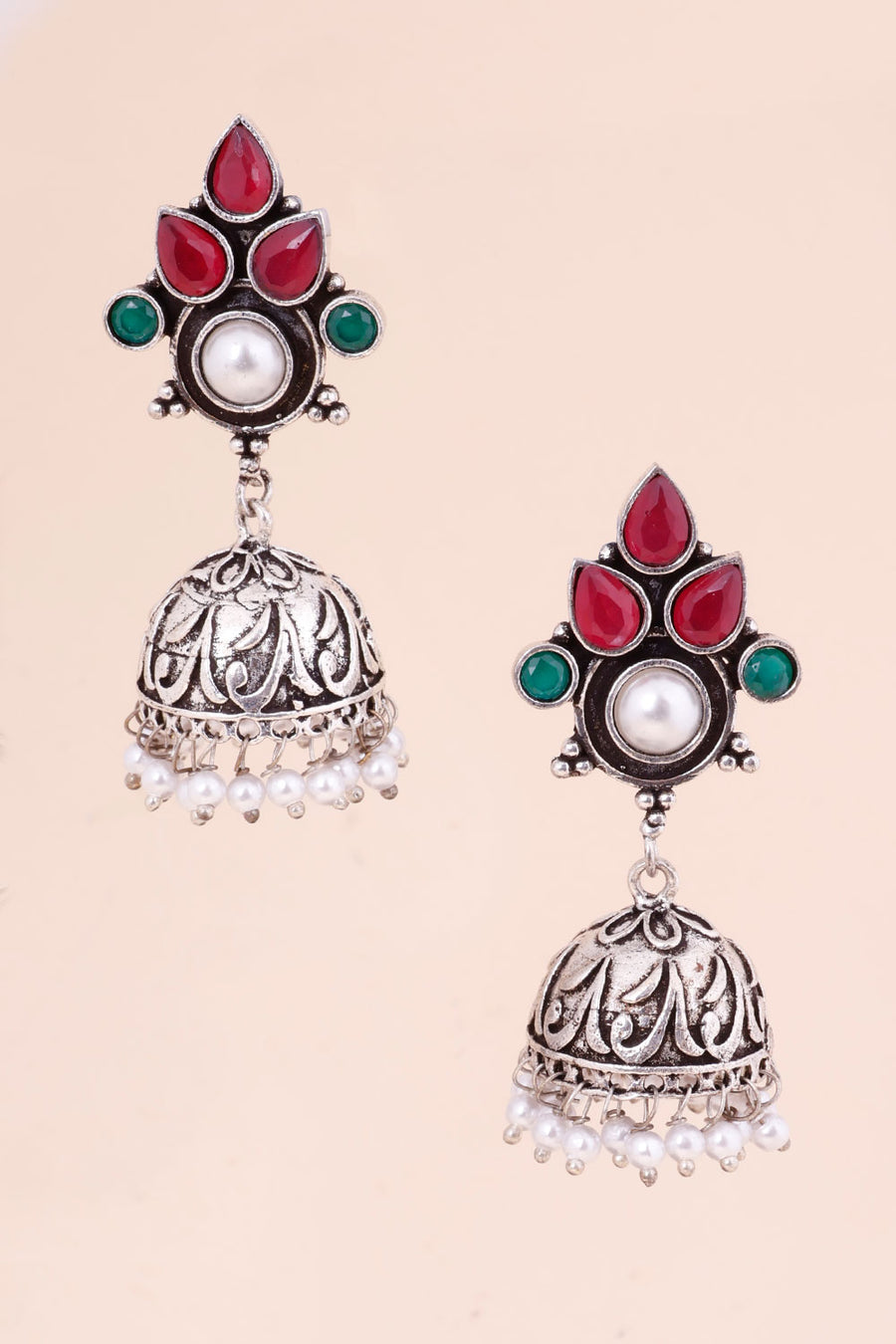 Oxidised Floral Earring With Pearls