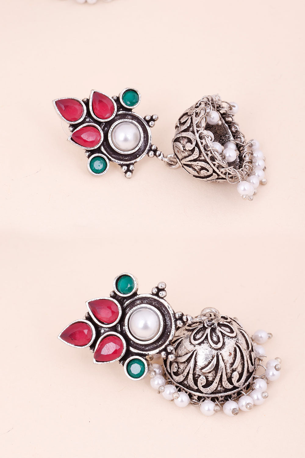 Oxidised Floral Earring With Pearls