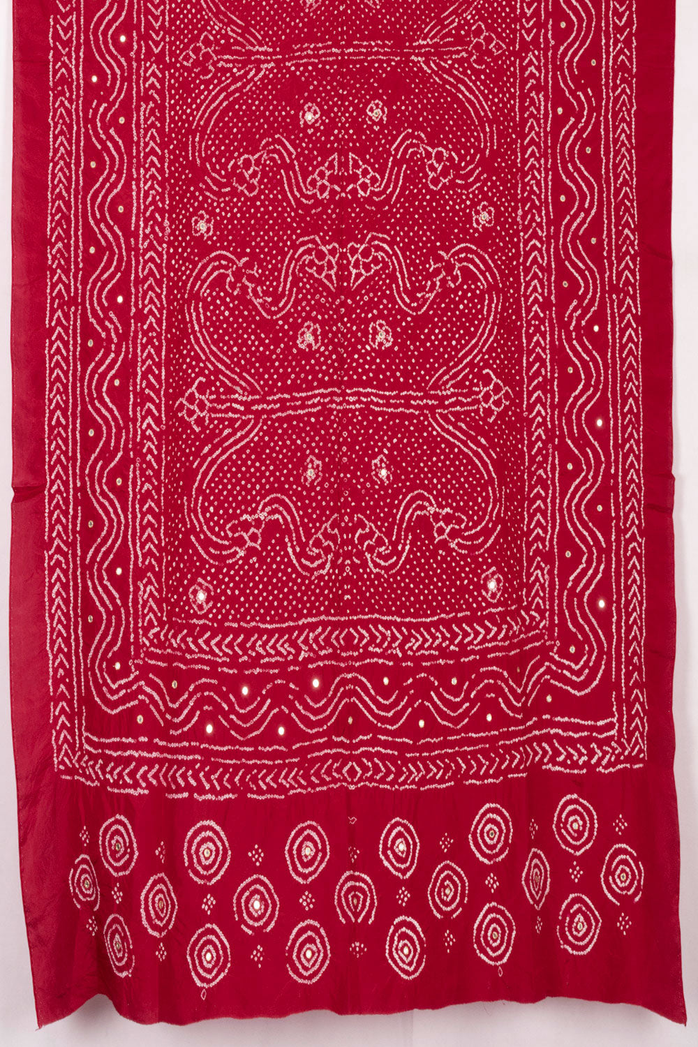 Red Bandhani Mulberry Silk Dupatta with Mirror Work Embroidery 10072125