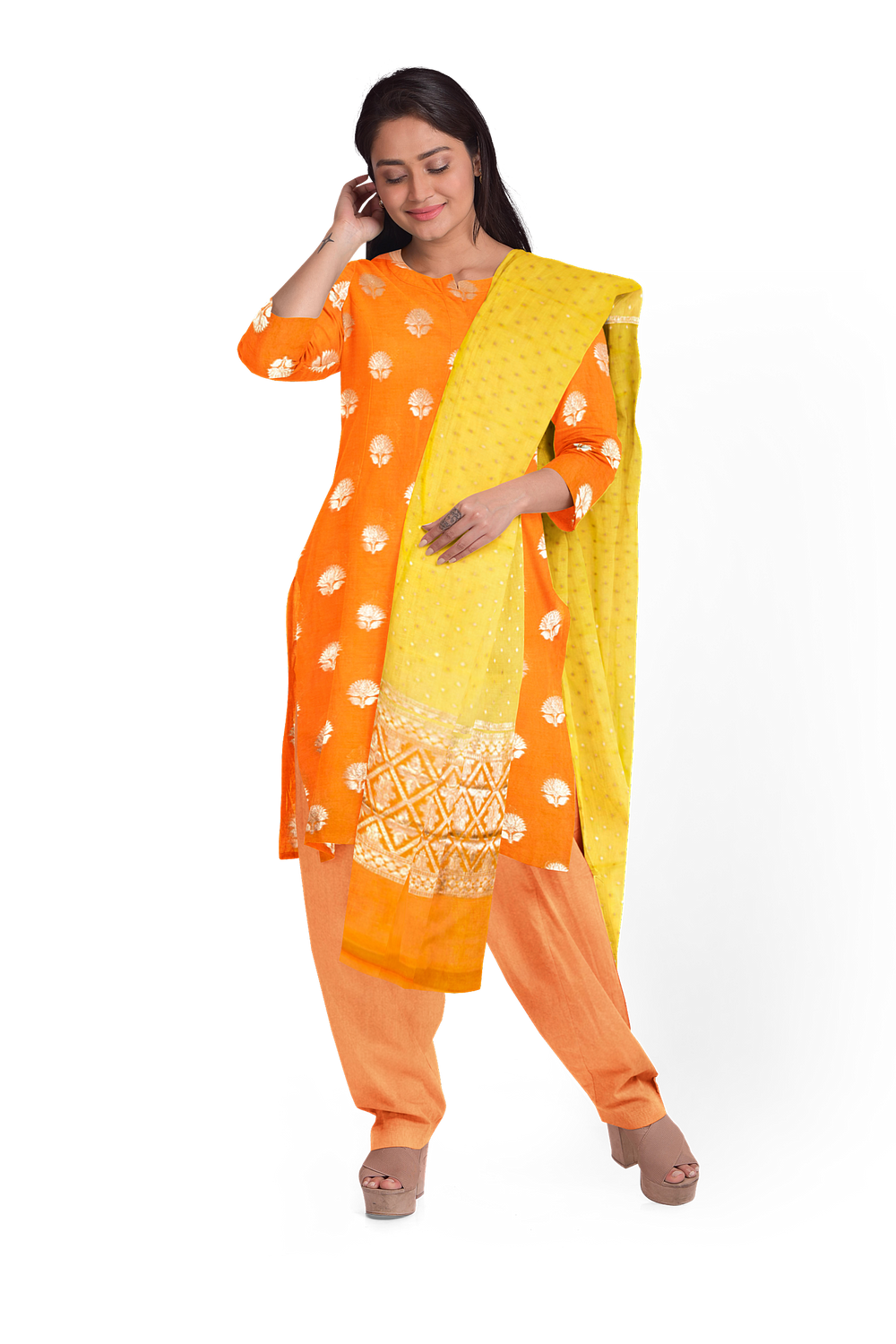 Orange 3-piece Banarasi Silk Salwar Suit Material 10070360