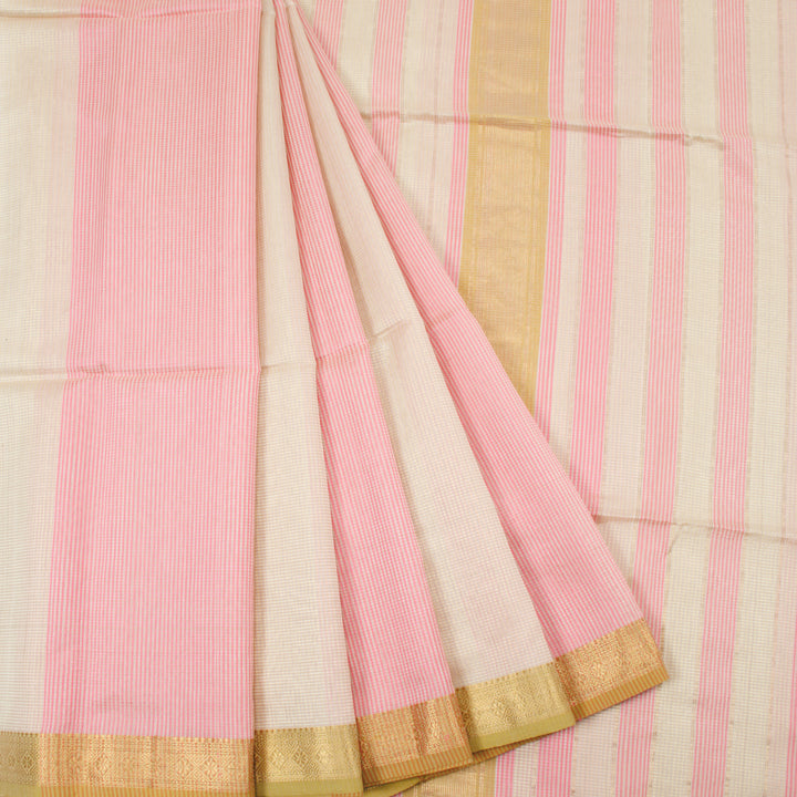 Pink and Cream Handloom Maheswari Silk Cotton Saree 10062608