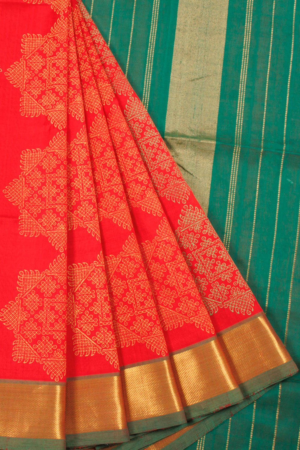 Red Hand Block Printed Silk Cotton Saree with Kolam Motifs and Zari Stripes Pallu