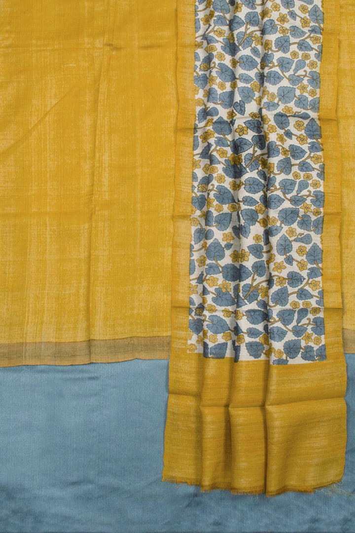 Yellow Hand Block Printed Tussar Silk 3-Piece Salwar Suit Material 10061839