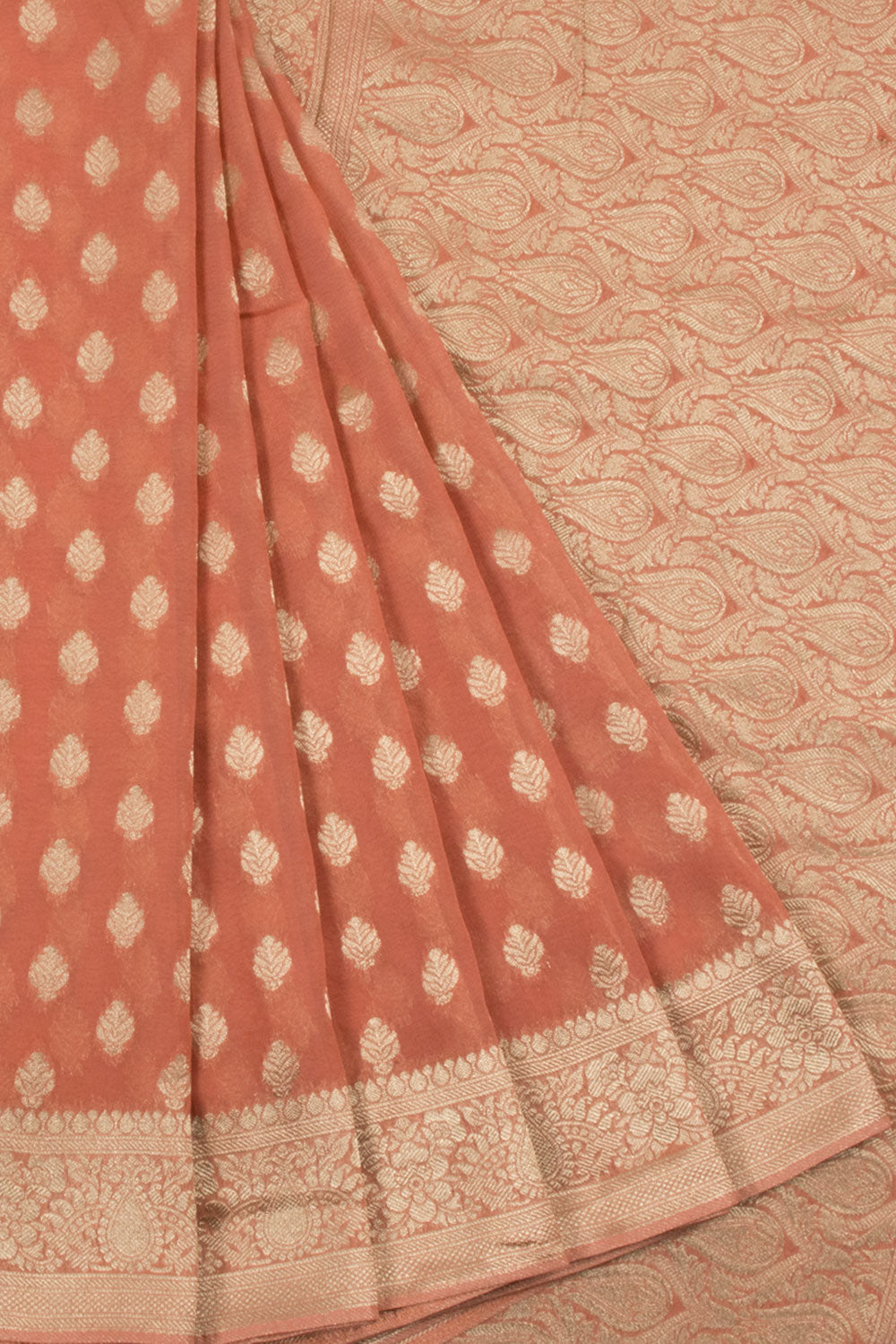 Peach Handloom Banarasi Katrua Georgette Saree with Floral Motifs 