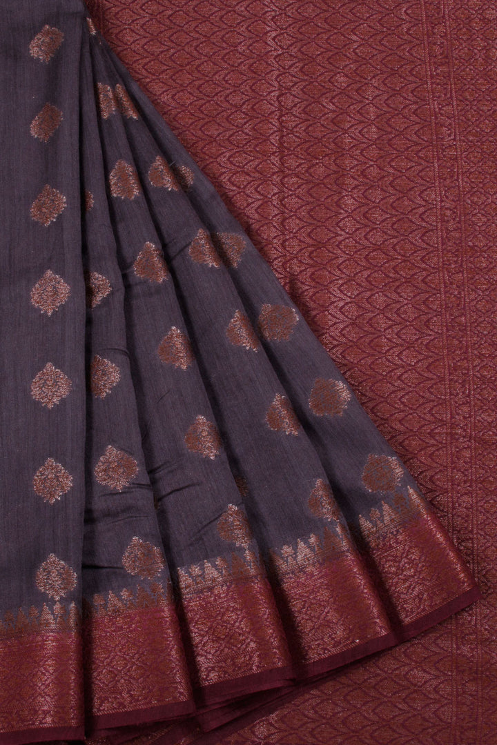 Handloom Banarasi Katrua Muga Silk Saree with Floral Motifs, Floral Border and Pallu