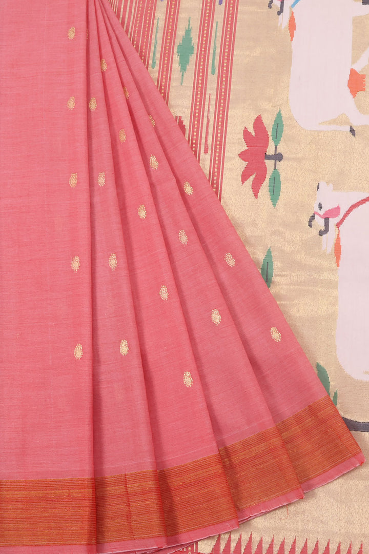 Salmon Pink Handwoven Hastakala Paithani Cotton Saree 10060189