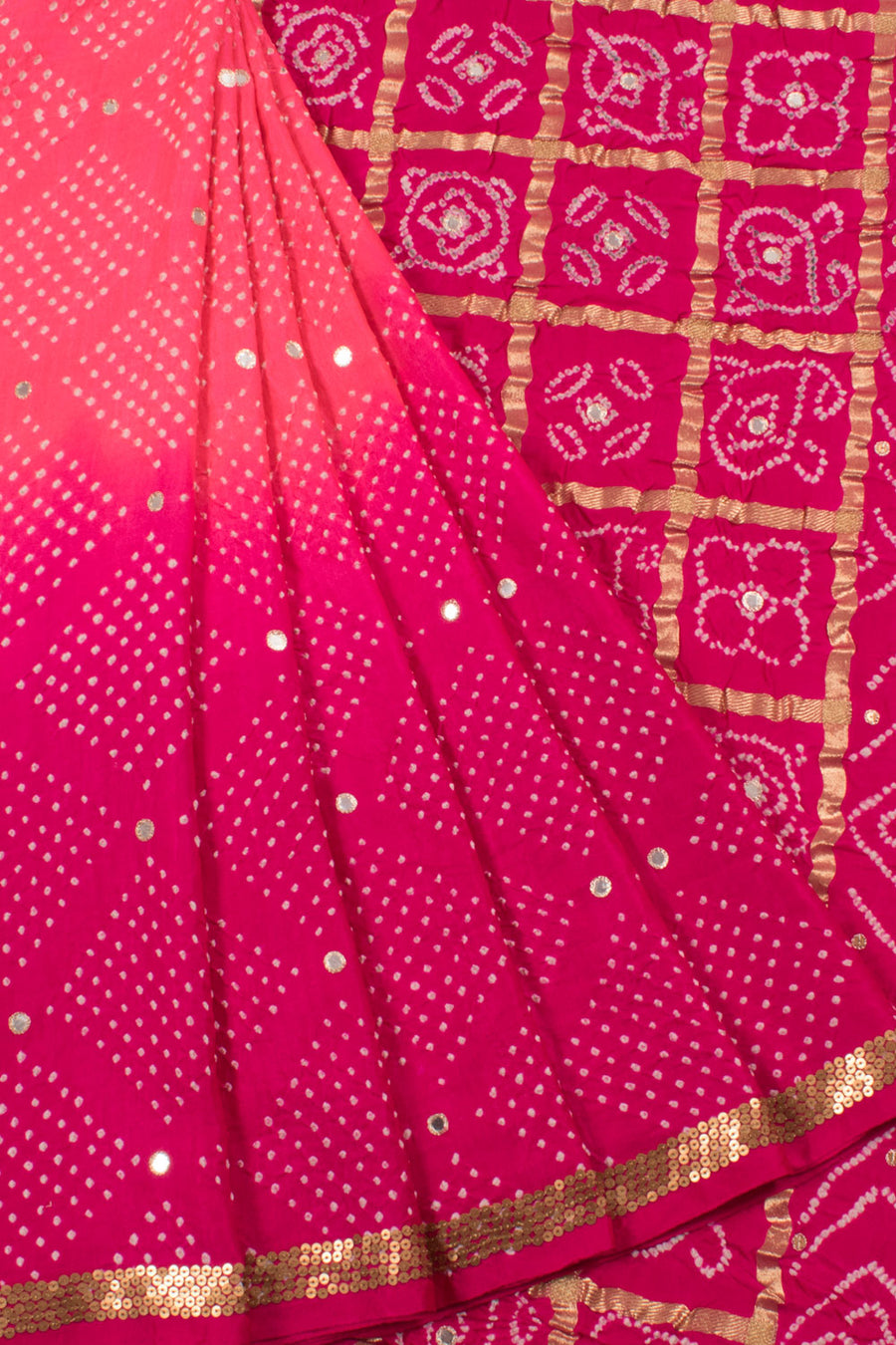 Handcrafted Bandhani Gajji Silk Saree with Tissue Pallu, Bharti Design, Mirror Embroidery and Sequin Work