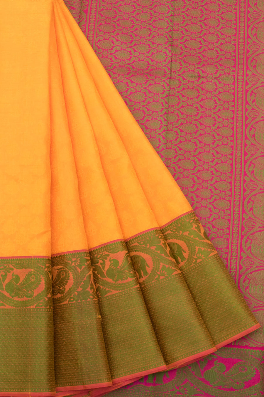 Handloom Pure Zari Jacquard Kanjivaram Silk Saree with Floral Motifs and Elephant, Kuyil Kann Border