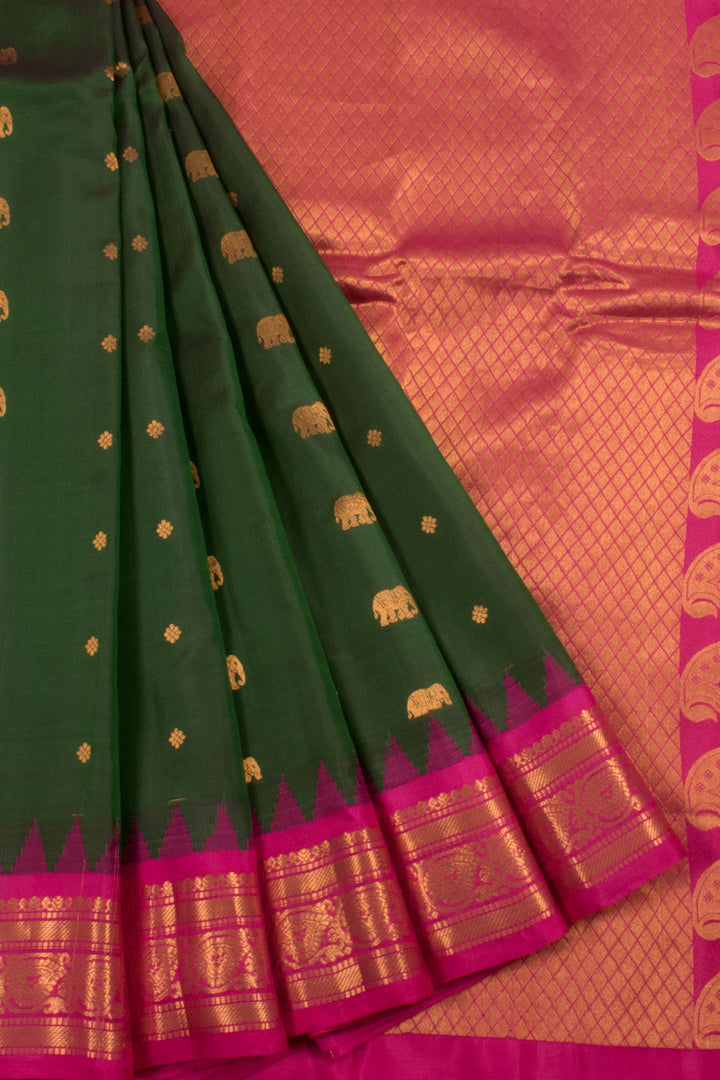 Handloom Gadwal Kuttu Silk Saree with Elephant, Floral Motifs and Temple Border