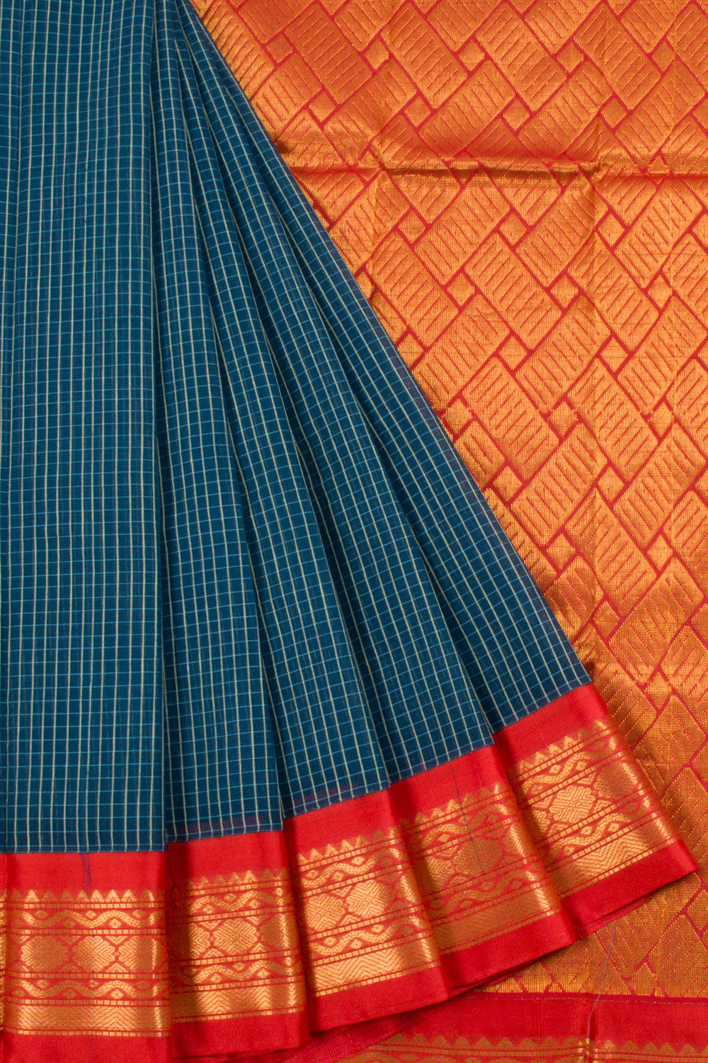 Blue checked design Andhra cotton saree, zari border & pallu of zari stripes