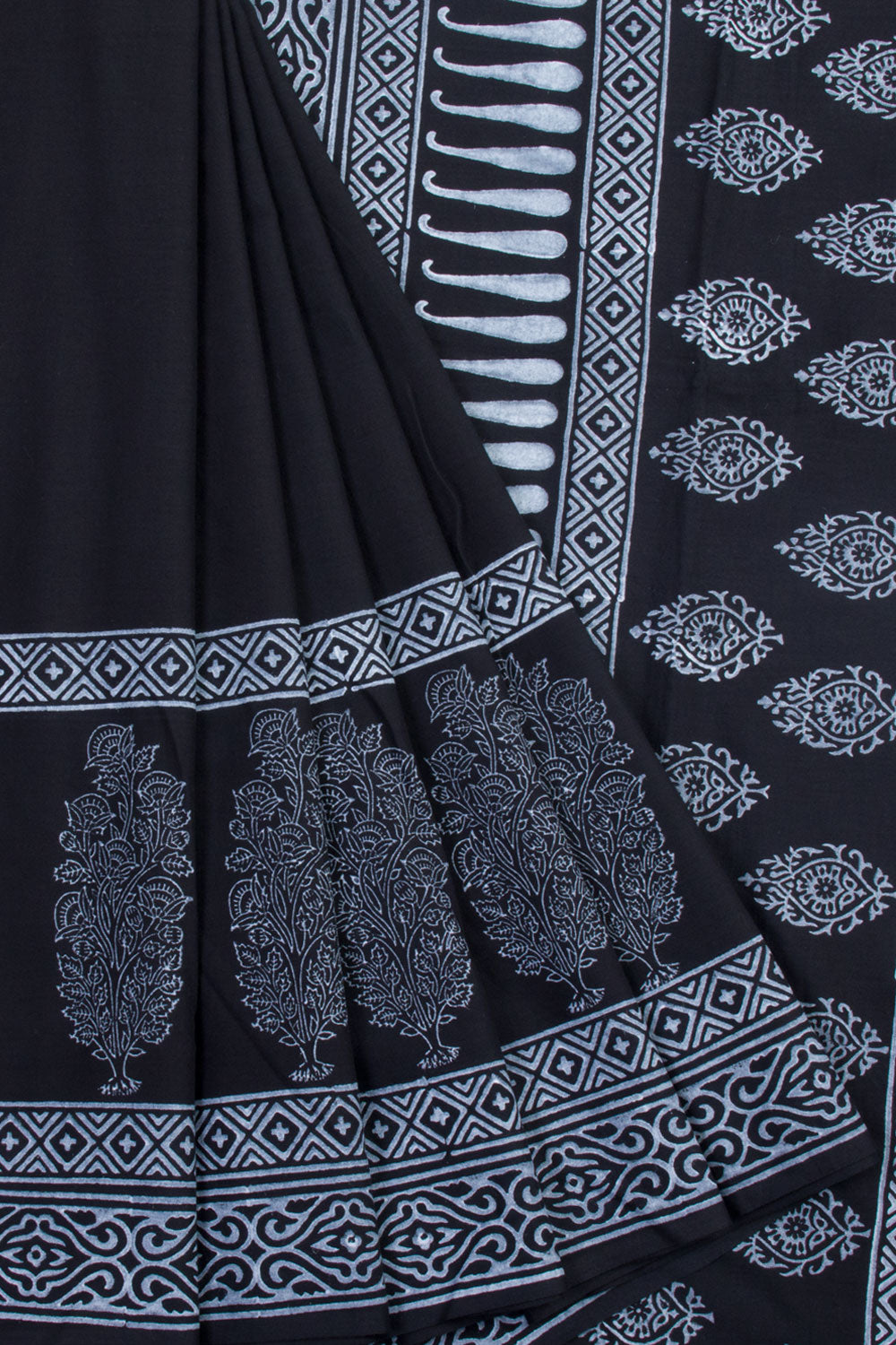 Black Hand Block Printed Mulmul Cotton Saree 10062273