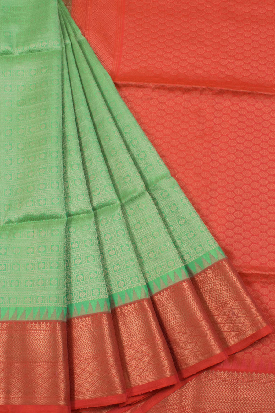 Handloom Kanjivaram Soft Silk Saree with Allover Zari Floral Design and Temple Border