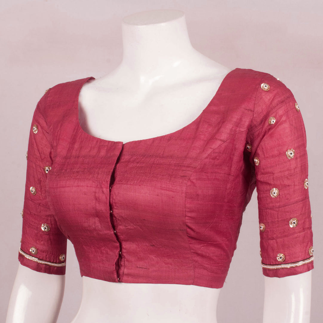 Scarlet Red Sequin Embroidered Tussar Silk Blouse 10054962