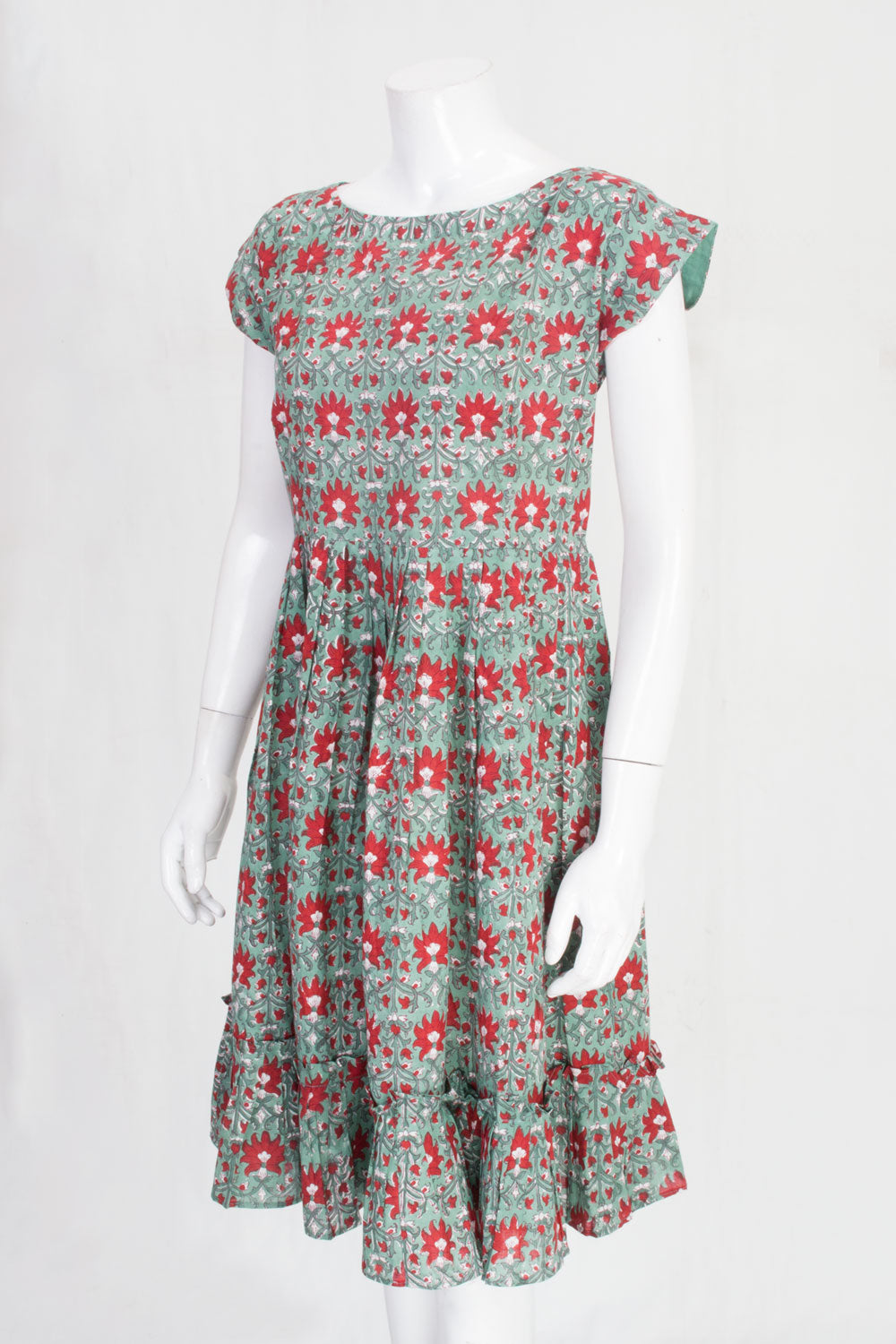 Green Hand Block Printed Cotton Dress 10061601