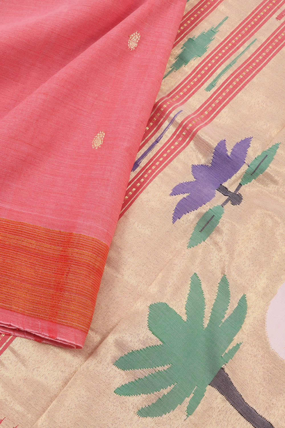 Salmon Pink Handwoven Hastakala Paithani Cotton Saree 10060189