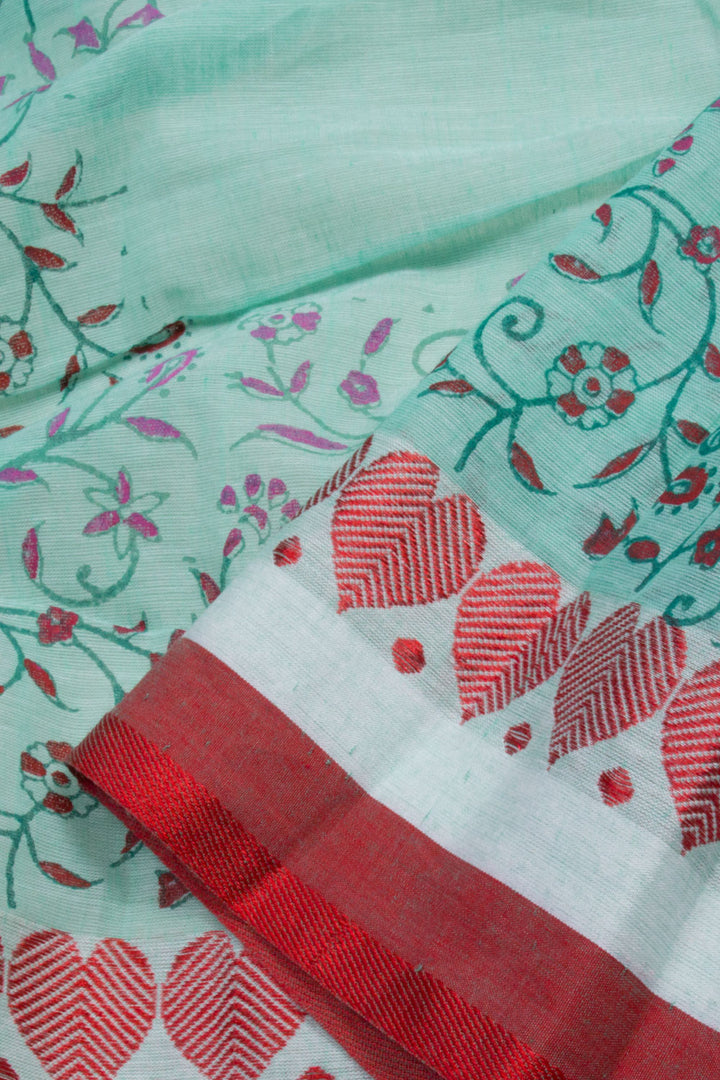 Green Hand Block Printed Cotton Saree 10061943