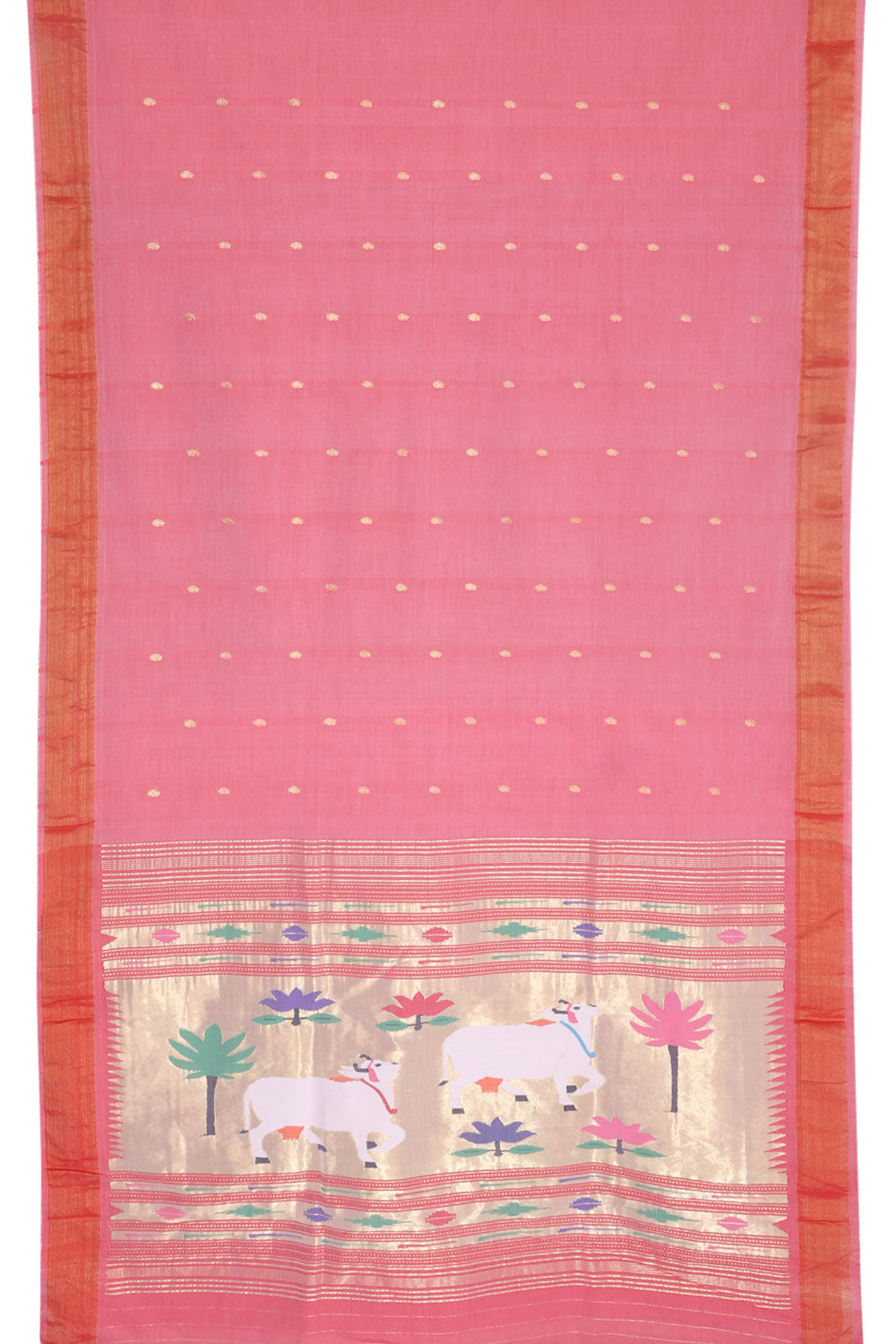 Salmon Pink Handwoven Hastakala Paithani Cotton Saree 10060189