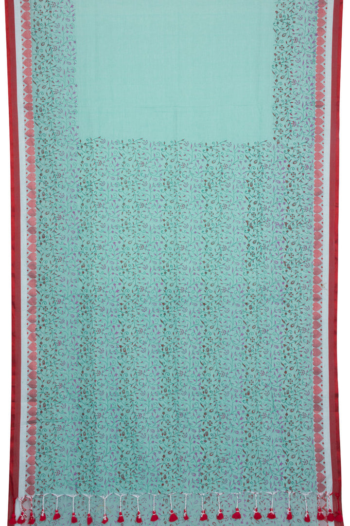 Green Hand Block Printed Cotton Saree 10061943