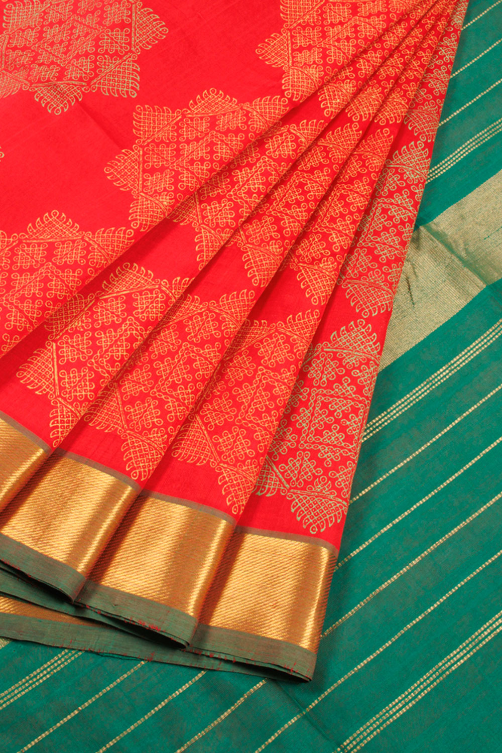 Red Hand Block Printed Silk Cotton Saree 10060270